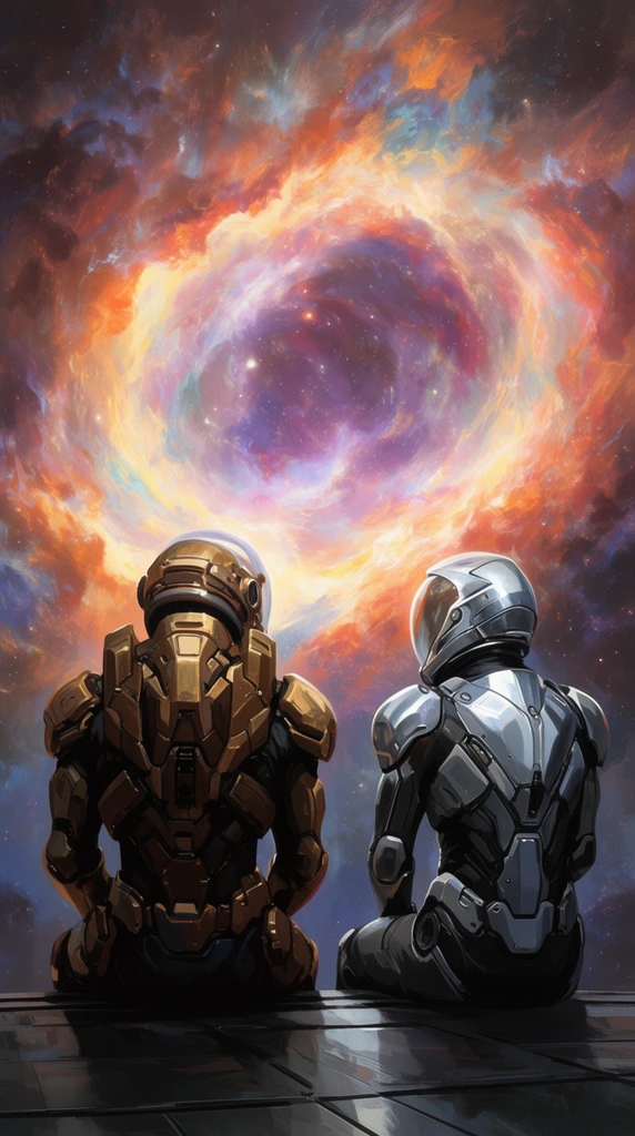Viewed from behind, two armored astronauts sit on a dark metallic platform facing a massive glowing nebula. The left figure wears heavy bronze gear, the right sleek silver armor. Vibrant painterly sci-fi art style.
