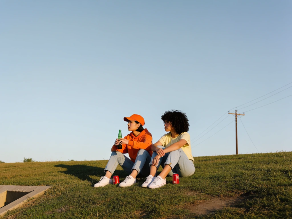 A serene, minimalist outdoor photograph shows two young people sitting together on a sunlit grassy hill under an enormous open blue sky, creating a quiet feeling of companionship and stillness. photographic image, contemporary lifestyle portrait, environmental portraiture, minimalist composition, cinematic framing, natural light, wide negative space, subtle documentary feel, clean modern color grading, calm, reflective, airy, sparse, low visual density, visually adjacent to Alec Soth, Tyler Mitchell, Nadine Ijewere, pastel-leaning palette, soft blue sky, fresh green grass, warm orange-red clothing accents, pale yellow shirt, light denim, balanced exposure, gentle contrast, golden-hour sunlight, crisp focus, no obvious noise, no motion blur, no visible lens distortion, no text, no border. The sky occupies almost the entire upper four-fifths of the frame, a smooth muted blue with no clouds, making the figures appear small and grounded. Across the image, a low horizon line runs slightly above the bottom quarter, formed by the crest of a grassy hill. Near the bottom center-left sit two young adults, both facing toward the left side of the frame. The person on the left wears a bright orange baseball cap, an orange-red hoodie, light blue jeans, and white sneakers. They sit with knees bent and legs angled left, holding a dark green bottle upright in their right hand near their chest, gazing off leftward. Their body is lit warmly from the right, casting a soft shadow on the grass behind and to the left. Beside them, slightly to the right, the second person wears a pale yellow T-shirt, cuffed light blue jeans, and white sneakers. They have short, full, curly dark hair and sit with knees drawn up loosely, arms resting near their legs, also looking left with a calm expression. Between and in front of them on the grass are two small red drink cans, one near the left person’s feet and one near the right person’s shin. On the far right near the horizon stands a single utility pole with several power lines extending diagonally leftward, tiny against the sky. The foreground grass is richly textured, uneven, and sunlit, with darker shadowed patches and a small exposed dirt area at the extreme lower right corner.