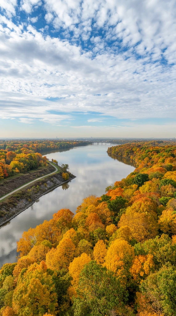 A sweeping aerial landscape of a wide river curving through a dense forest in peak autumn foliage. The calm water mirrors a vast blue sky filled with textured white clouds. The vibrant canopy features a rich tapestry of golden yellow, bright orange, and deep green leaves. A paved trail winds along a rugged embankment on the left shore. In the hazy distance, a bridge spans the water near a faint skyline. Captured with a wide-angle lens in natural daylight, emphasizing profound depth of field and the serene scale of the vibrant seasonal environment.