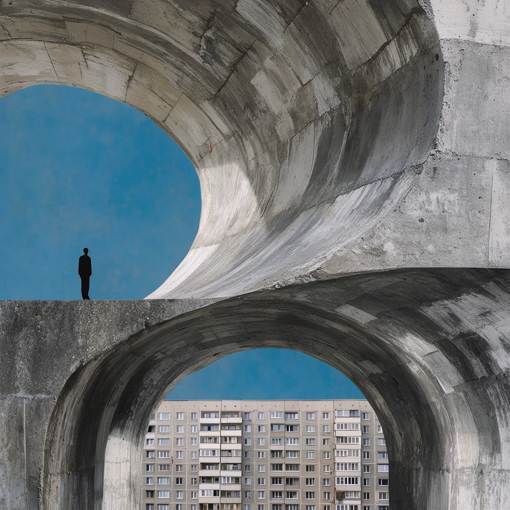 Surreal brutalist collage, stacked organic concrete arches, tiny human silhouette standing on left ledge, apartment building visible through lower voids, blue sky, impossible geometry