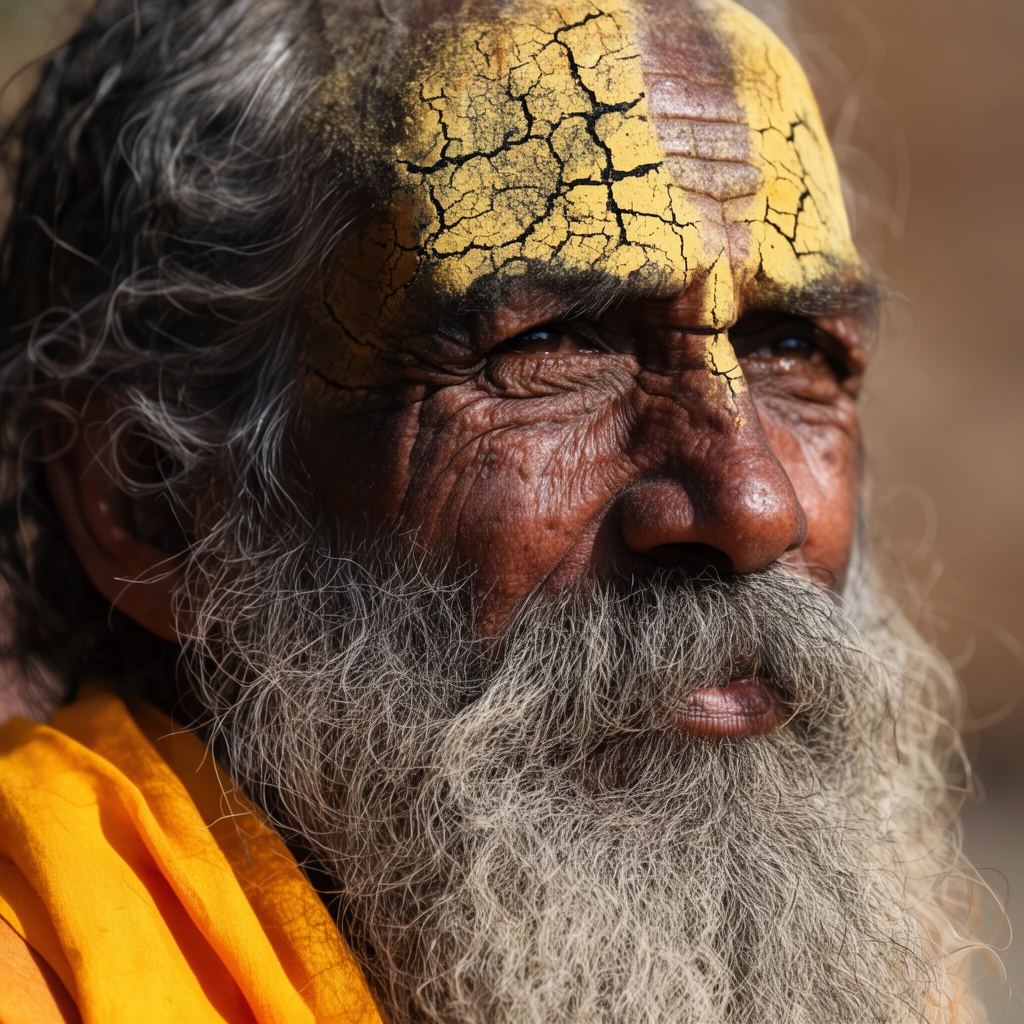 Close-up portrait of an elderly man with deeply weathered skin, a long wiry gray beard, and cracked yellow ash smeared across his forehead. A saffron cloth drapes over his shoulder. Sharp directional sunlight highlights deep facial creases and a serene off-camera gaze against a blurred earthy background.