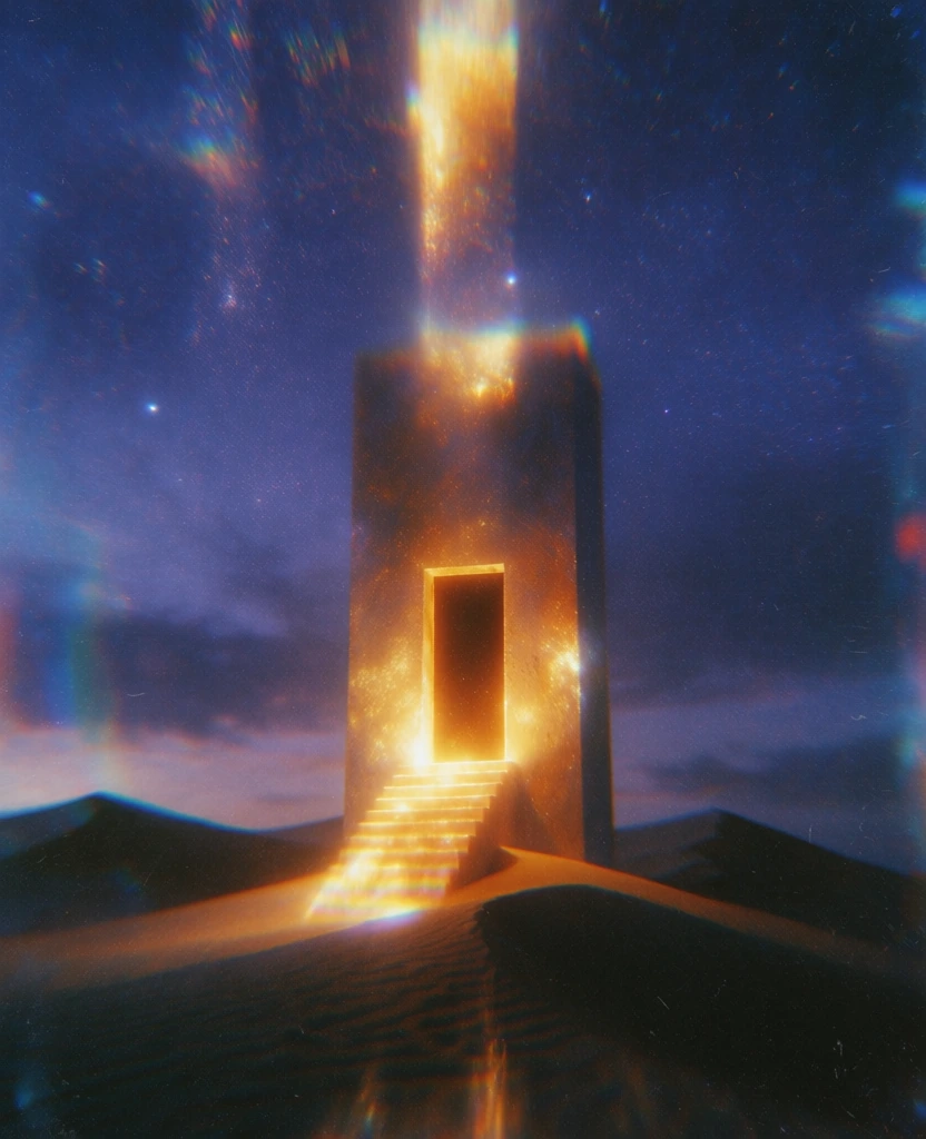 low-fi analog film aesthetic, grainy texture, dreamy ethereal mood, nocturnal desert landscape under a deep indigo starlit sky, central vertical monolithic slab with stairs leading to a doorway, the portal and steps emitting a radiant golden-orange internal glow, soft blooming light, hazy motion blur, light trails, painterly soft focus, dark silhouetted dunes in the foreground, high contrast, warm light bleeding into the grainy darkness, surreal liminal space.