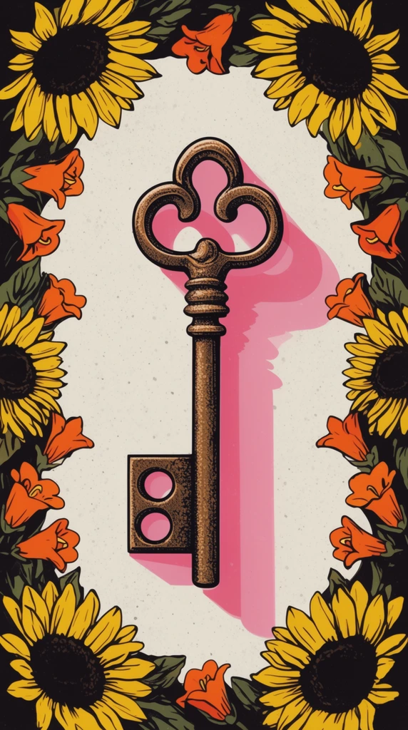 A vintage bronze-colored skeleton key rests vertically in the center of a speckled off-white canvas, casting a dramatic, elongated, translucent pink drop shadow to the bottom right. The ornate key features a trefoil-shaped bow, intricate stippling for metallic texture, a straight shaft, and a rectangular bit with two circular cutouts. A decorative floral motif frames the central composition, consisting of stylized bright yellow sunflowers with solid black centers and vivid orange bell-shaped blooms intertwined with dark foliage. The artwork exhibits a retro illustration style characterized by bold black outlines, flat graphic colors, and vintage comic-book-inspired shading against the solid black outer corners of the botanical frame.