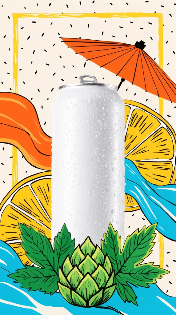 tall white frosted beverage can with condensation, surrounded by vibrant 2D pop-art illustrations, green stylized hop cone and leaves at base, yellow citrus slices, flowing orange and cyan shapes, orange parasol top, pale cream background with black dash marks, hand-drawn yellow square border, mixed media photorealism and tropical graphic art