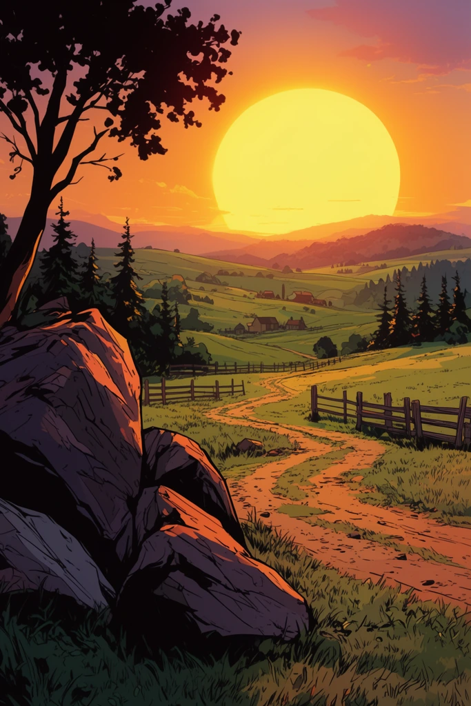 A stylized landscape illustration of a pastoral valley at sunset featuring bold black outlines and high-contrast cel-shading. Massive jagged rocks and a silhouetted tree cast deep shadows in the left foreground. A dirt path winds through grassy fields toward rolling green hills, wooden fences, scattered pine trees, and distant farmhouses. A colossal, glowing yellow sun dominates the hazy orange and purple sky, bathing the entire scene in vibrant, warm light.