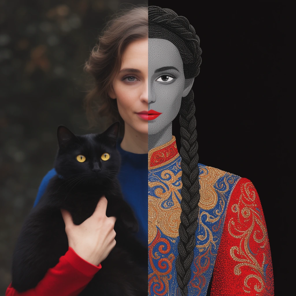 vertically split portrait, left half photorealistic, woman holding a black cat with yellow eyes, red sleeve, blue top, dark bokeh background, right half stippled pointillism illustration, grey skin, red lips, braided hair, intricate red blue gold dress, solid black background