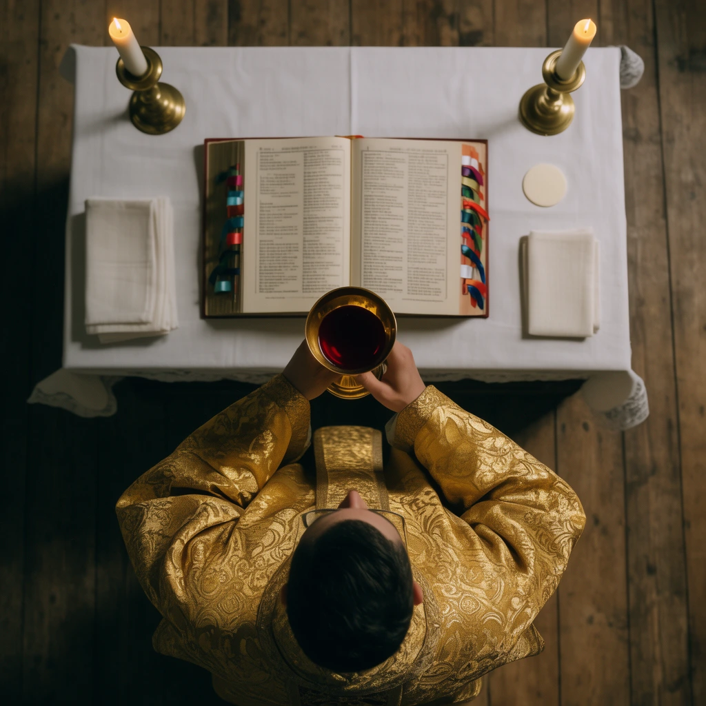 A top-down cinematic shot of a figure in an intricately patterned gold ceremonial robe holding a golden chalice filled with dark red liquid. The person stands before a rectangular white-draped altar table set against a rustic wooden plank floor. The table features a symmetrical arrangement of two lit candles in brass holders, a large open ceremonial book with colorful ribbon markers, folded white linens, and a small white wafer. Warm, moody lighting casts deep shadows, highlighting the rich textiles and precise overhead composition.