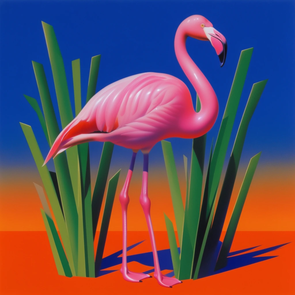 A flamingo standing among stylized reeds rendered in a hyper-smooth, 1980s airbrush pop art aesthetic. The vibrant pink bird and geometric green reeds feature glossy, plastic-like surfaces with pristine color gradients. They stand on a flat, vivid orange ground plane beneath harsh, directional lighting that casts sharp, elongated navy-blue drop shadows. The background consists of an ultra-saturated gradient transitioning from deep cobalt blue at the top to bright orange near the horizon. The entire composition emphasizes textureless rendering, extreme color contrast, and a stark, surreal graphic style.