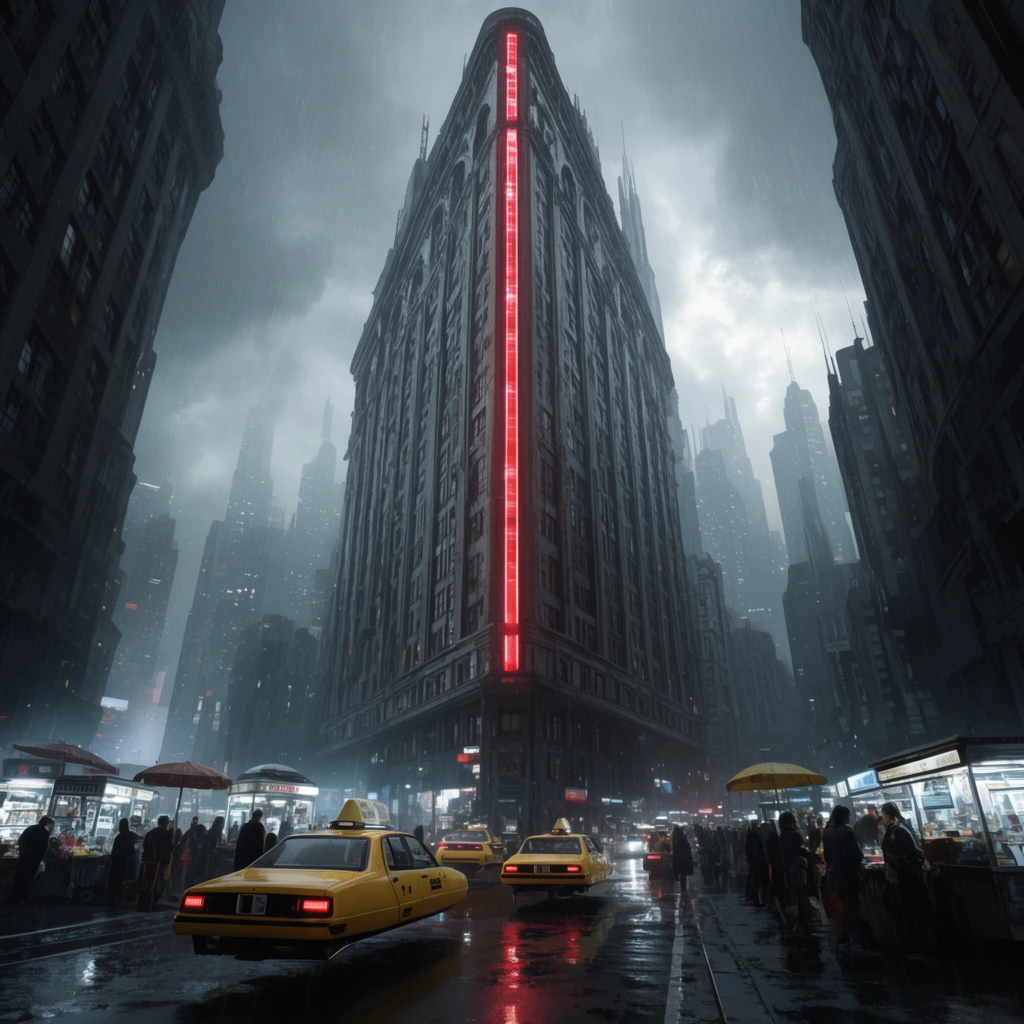 triangular art-deco skyscraper, glowing red neon strip down narrow edge, rainy futuristic city intersection, yellow hover-taxis, busy street kiosks, low angle, neo-noir lighting