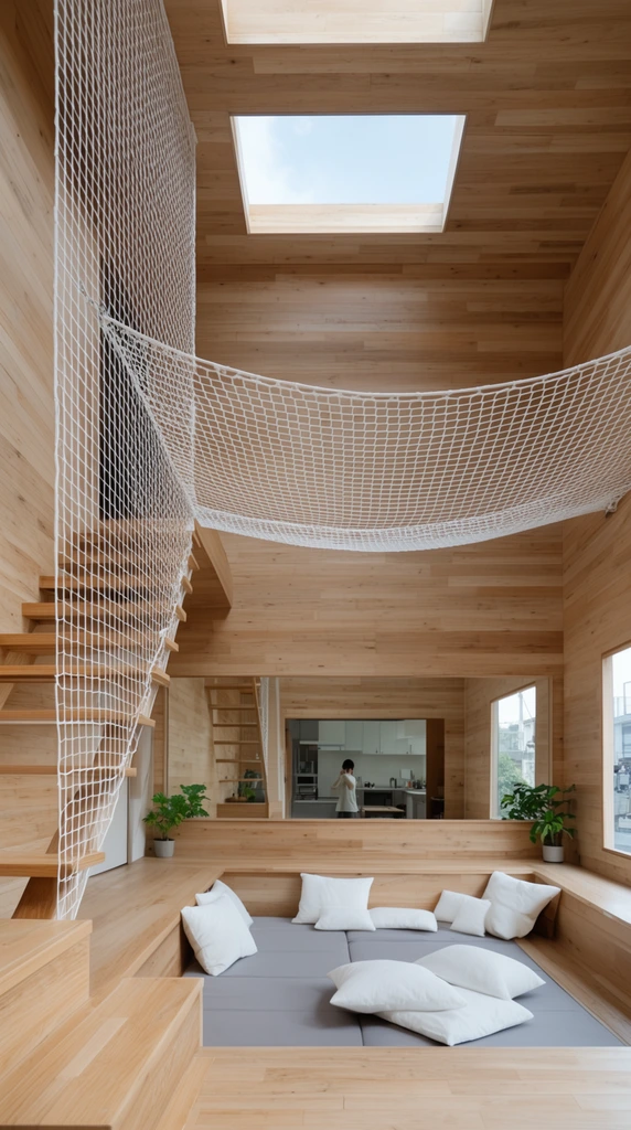 modern minimalist multi-level interior, extensive light wood cladding, sunken floor lounge with grey mats and white pillows, wooden staircase enclosed by a vertical white safety net, suspended horizontal white net hammock beneath two rectangular skylights, background mirror reflecting a person in a kitchen, small green plants, bright natural daylight, wide-angle architectural photography