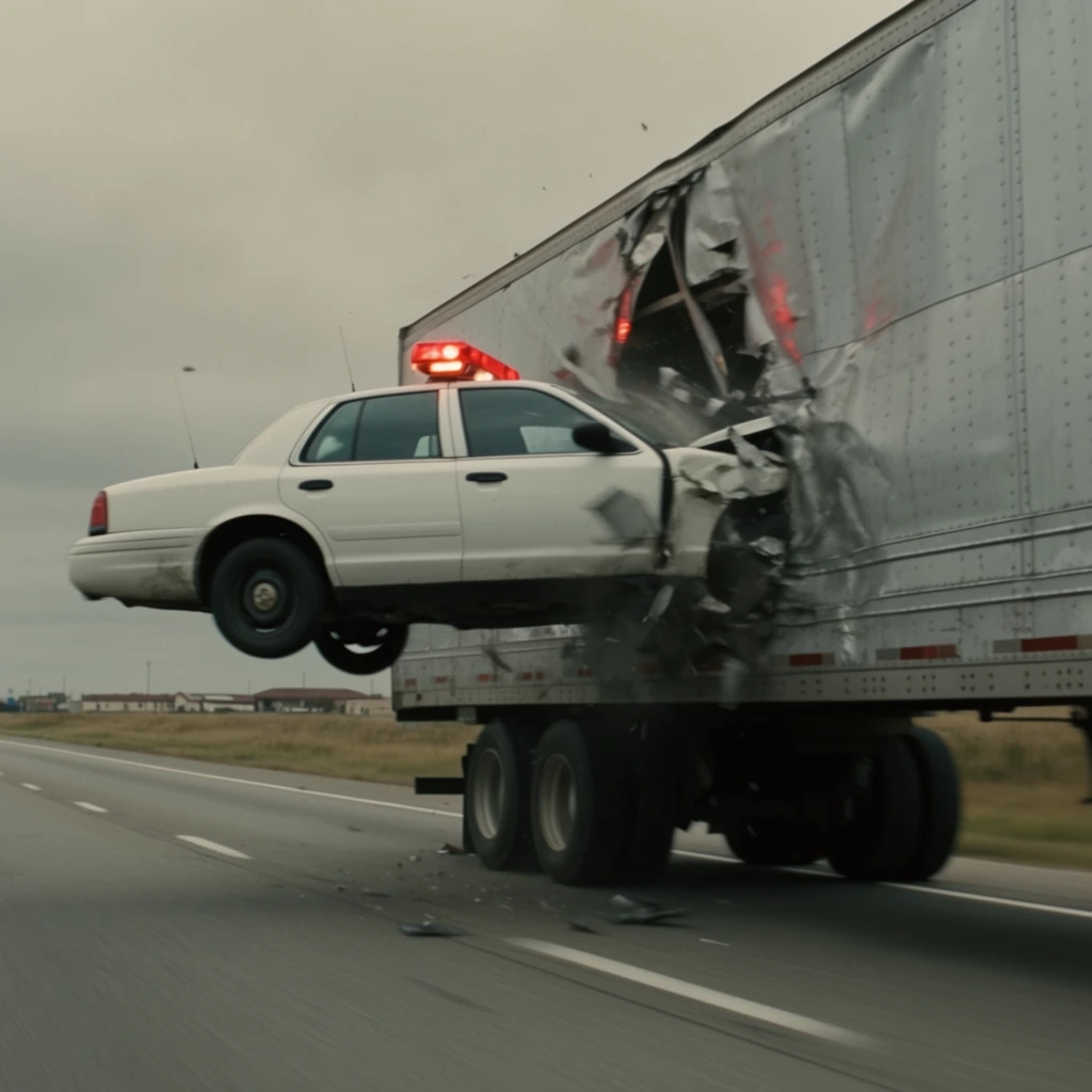 white emergency vehicle crashed horizontally into side of silver semi-truck trailer, car wedged mid-air, trailer metal buckling and tearing open, illuminated red light bar on car roof, multi-lane highway, flat grassy landscape, distant low buildings, overcast grey sky, cinematic action film still, muted colors, motion blur on wheels, dramatic crash