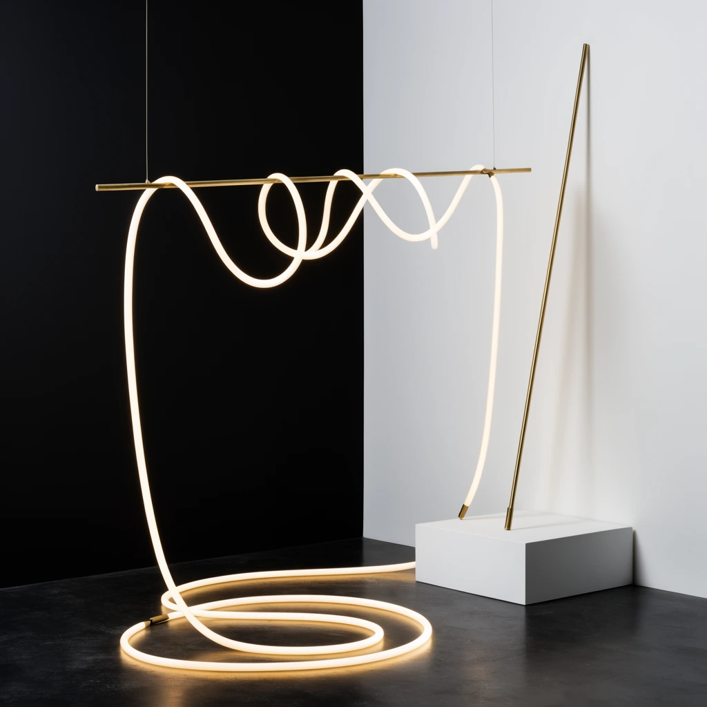 suspended brass rod draped with looping glowing light tube, leaning brass pole on white plinth, coiled luminous tube on dark floor, split black and white walls, minimalist contemporary design