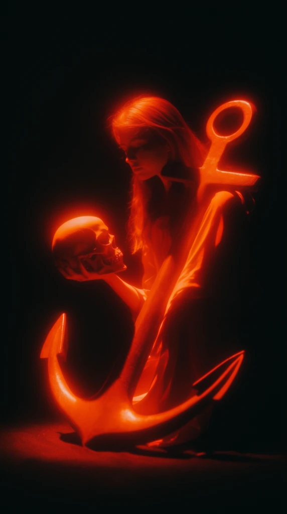 A girl cradling a skull in one hand while leaning against a large anchor, her form emerging from an impenetrable pitch-black void. She is dramatically illuminated by an intense, luminescent, fiery orange and red directional light that carves her figure and the objects out of the surrounding darkness. Extreme chiaroscuro dominates the composition, leaving the background and deep recesses of her silhouette in pure, velvety blackness. The radiant, neon-tangerine glow hits the smooth bone of the skull, the heavy metallic edges of the anchor, and the contours of her face and draped form, creating flowing, liquid-like highlights that pool vibrantly on the surfaces. The color palette is a strict, high-contrast duotone of void black and deeply saturated, glowing ember-orange. A soft, ethereal bloom diffuses the brightest peaks of the intense light, accompanied by subtle, rich film grain in the heavy shadows, resulting in a deeply mysterious, moody, and theatrical cinematic atmosphere.