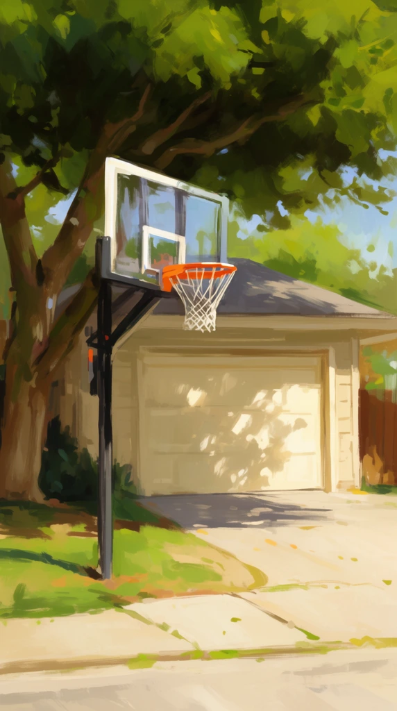 Impressionistic digital painting, suburban basketball hoop, clear backboard, bright orange rim, white net, large tree with thick green canopy leaning over the hoop, light beige garage door background, dappled sunlight casting leafy shadows on the garage and concrete driveway, loose expressive brushstrokes, warm daylight, painterly texture