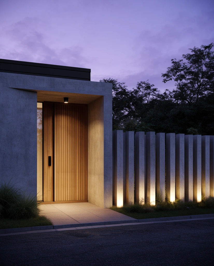 Modern architectural entrance at dusk featuring an illuminated wood-slatted door and smooth concrete walls. Warm ground uplights highlight a concrete pillar fence against a cool purple twilight sky. A dark paved driveway edges the foreground, with silhouetted trees in the background.