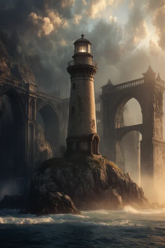 Monolithic Mythic Horizons style reference image — vertiginous cliffside architecture