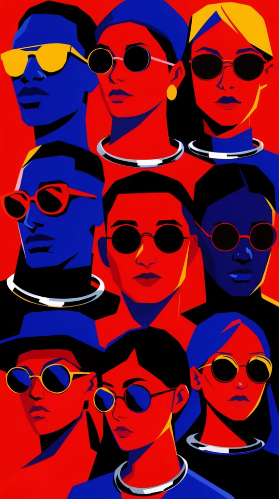 A dense vertical collage of diverse faces rendered in a high-contrast pop-art vector illustration style. The color palette is strictly limited to vibrant red, deep blue, stark black, and bright yellow. The overlapping stylized portraits fill the frame against a solid red background. The subjects wear generic accessories like circular sunglasses, geometric hats, and thick minimalist metallic collars. Shading is achieved through bold unblended blocks of blue and black creating dramatic graphic lighting effects with sharp angular contours.