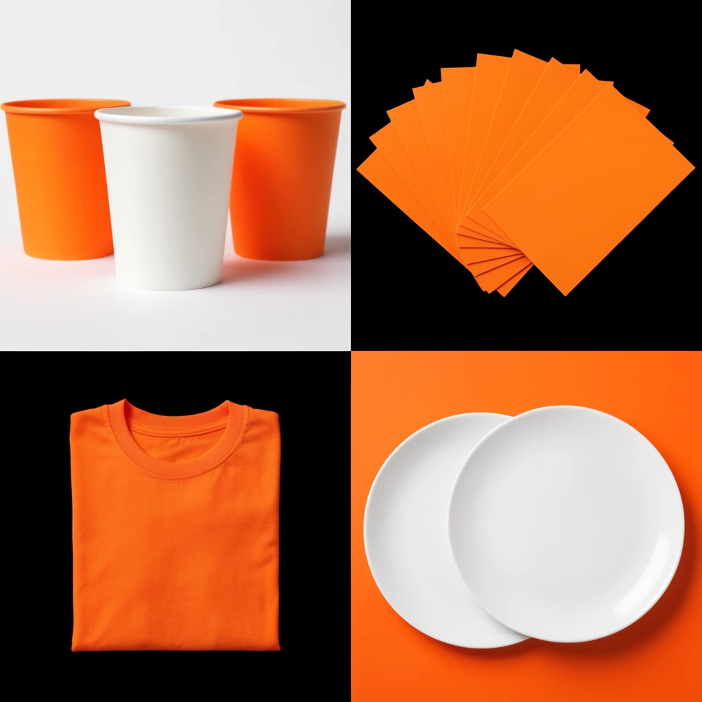 A four-panel grid displays minimalist objects on high-contrast backgrounds. Top-left shows a white paper cup between two orange ones on white. Top-right features fanned orange cards on black. Bottom-left presents a folded orange t-shirt on black. Bottom-right reveals two white round plates on an orange backdrop. Clean studio lighting highlights stark color blocking.