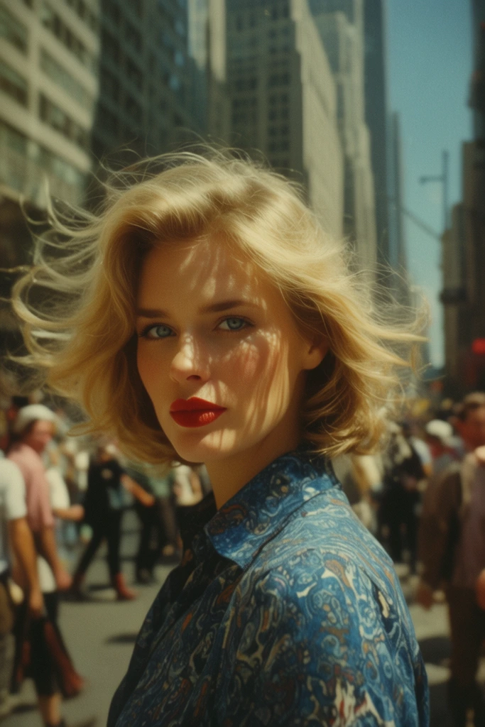 A medium close-up portrait of a blonde woman with wind-blown hair amidst a crowded city street. She has blue eyes, red lipstick, and a blue patterned collared shirt. Dappled sunlight casts distinct shadows across her skin. The heavily blurred background features towering skyscrapers and pedestrians. Vintage film style, shallow depth of field, warm cinematic lighting.