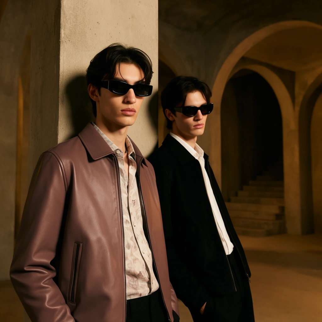 Two young male models stand within a dimly lit architectural space defined by bare concrete pillars and repeating rounded archways. In the foreground, a man with parted dark hair leans against a square column, wearing sharp black rectangular sunglasses, a mauve-brown leather jacket, and a light patterned shirt. Behind him, a second man echoes his pose, wearing matching dark sunglasses and a black jacket over a crisp white shirt. The cavernous environment is bathed in warm, cinematic tungsten lighting that casts deep shadows into the vaulted background, where a stone staircase fades into obscurity. The composition features sharp foreground focus, high contrast, and a moody aesthetic typical of high-end editorial photography.