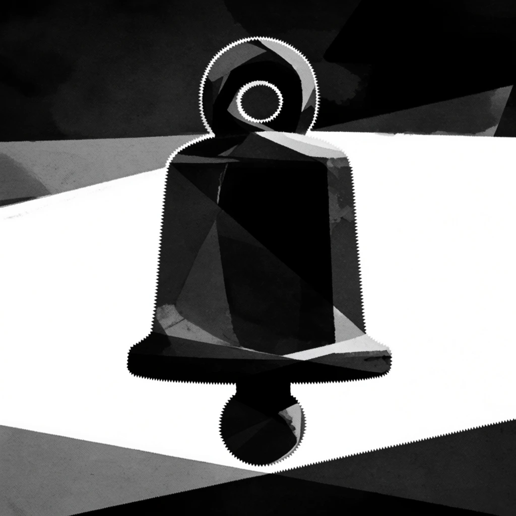 A stark, high-contrast, monochromatic geometric composition centers on a single cylindrical bell featuring a top loop and a descending clapper. The bell's cylindrical body, upper loop, and lower clapper are constructed from sharp, intersecting angular facets of deep black and varied dark grays. The outer silhouettes and contours of these forms feature a densely serrated, finely jagged edge detailing. Surrounding the central bell, flat horizontal expanses of blinding white negative space sharply slice through diagonal, sharply angled triangular planes of solid black and dark gray. Executed in a minimalist, black-and-white digital art style that blends stark vector-style cutouts with ink wash aesthetics, the image utilizes flat lighting, extreme silhouette contrast, and a subtle, rough canvas grain texture applied uniformly across the darkened geometric sections.