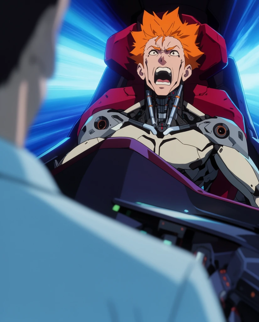 A screaming male cyborg with neon orange hair and metallic neck implants sits constrained in a crimson high-tech pilot seat, bathed in intense, streaking blue light. The dynamic anime-style composition uses dramatic depth of field, framing the subject behind the heavily blurred, light-blue shoulder of another figure and sleek, dark mechanical dashboard components in the foreground, all rendered in crisp cel-shading.