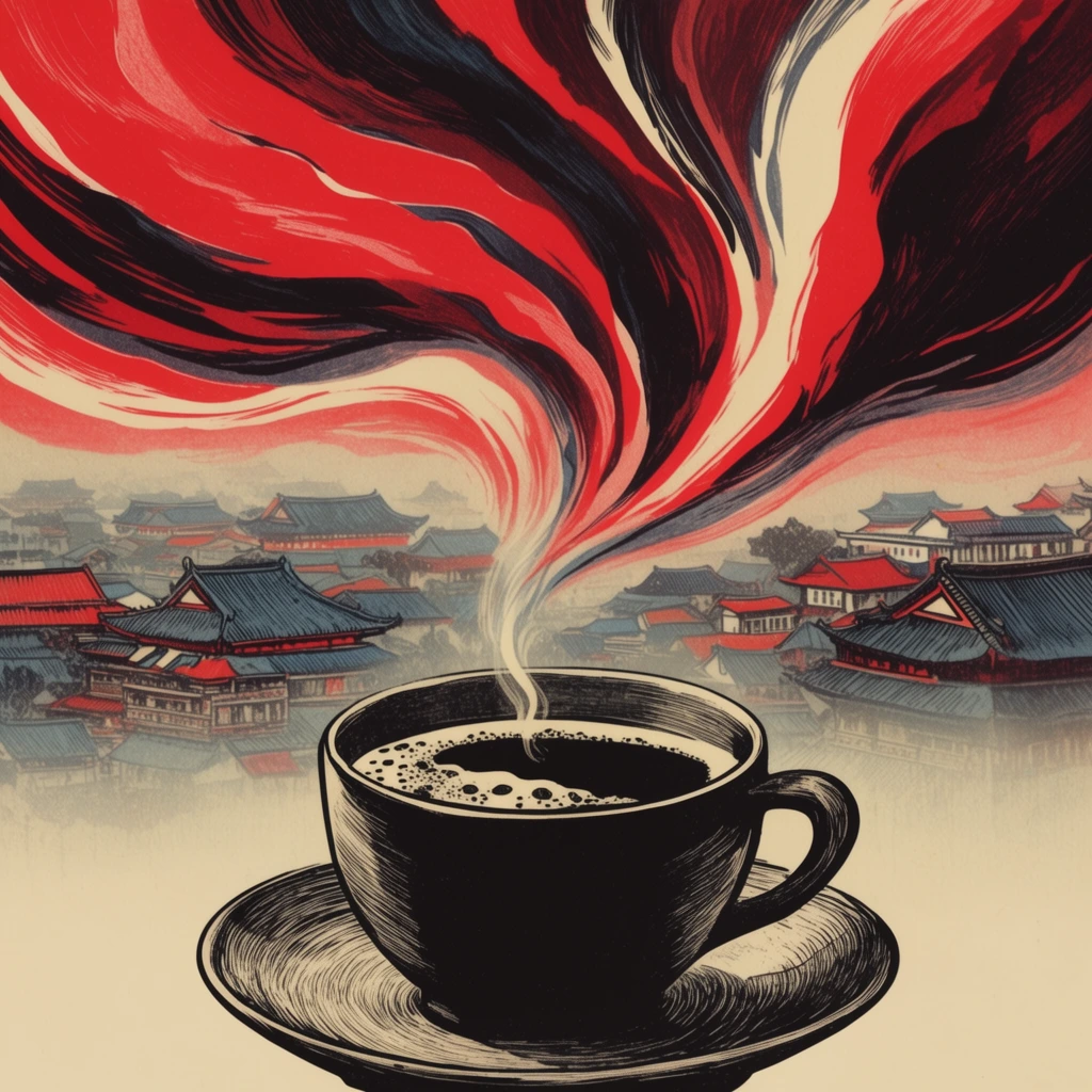 A vintage woodblock-style illustration features a black coffee cup emitting swirling plumes of steam that transform into a dramatic abstract sky above a traditional East Asian cityscape. The cup and matching saucer, shaded with heavy etched linework, sit in the foreground holding dark liquid speckled with foam. A thin wisp of steam rises and rapidly expands into massive, sweeping ribbons of vibrant crimson, deep black, and cream dominating the upper half of the composition. Below this dynamic sky, a sprawling village of traditional buildings with tiered blue-grey and red roofs spans the horizon, partially obscured by a soft mist. The artwork employs a striking limited color palette, contrasting the fluid, graphic curves of the smoke with the intricate geometric architecture and harsh hatched shading.