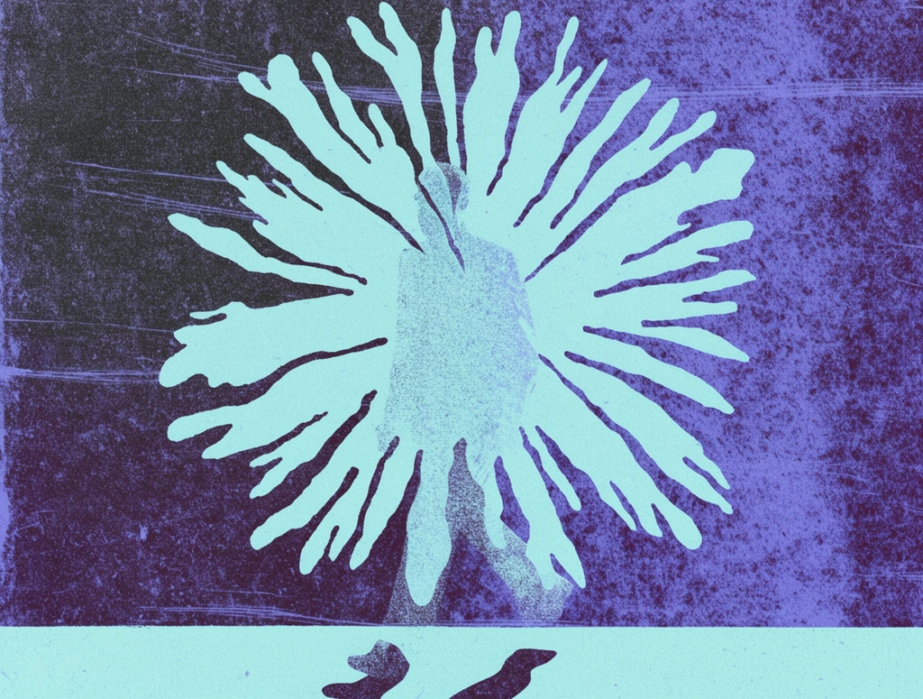 large pale cyan stylized starburst motif resembling an exploding flower with jagged organic petals, faint silhouette of a walking figure embedded within the burst, mottled deep purple and dark gray background, heavy risograph print texture, distressed appearance with horizontal scratch marks and coarse halftone grain, flat pale cyan ground plane at the bottom featuring two dark abstract footprint shapes, high contrast duotone aesthetic, gritty grunge graphic art style