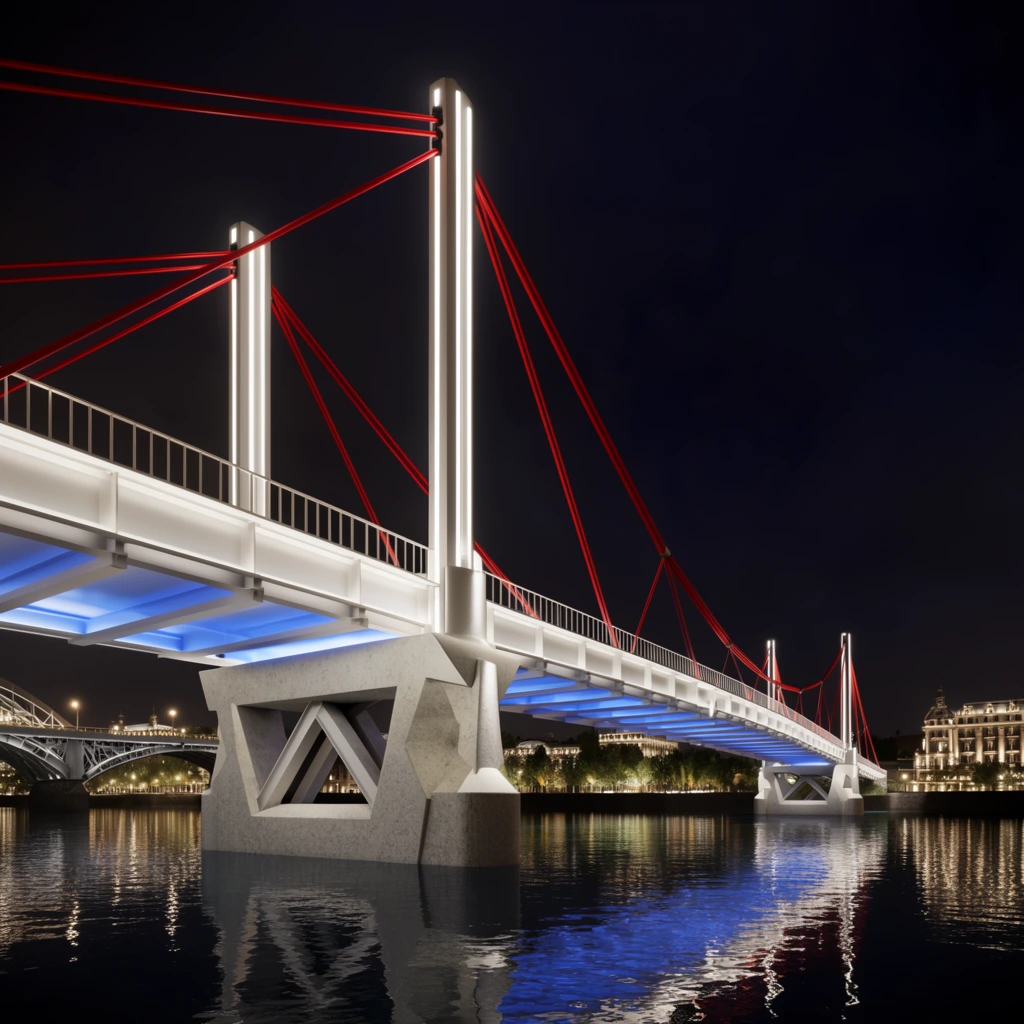 modern illuminated suspension bridge spanning dark water at night, bright white structural deck, vibrant red suspension cables, tall glowing vertical pylons, heavy textured concrete piers with geometric supports, striking blue under-lighting beneath the roadway, glossy river reflecting radiant lights, distant riverbanks featuring illuminated classic buildings and trees, secondary arched bridge in background, low-angle perspective, architectural rendering style, hyper-realistic pristine surfaces, sharp focus, dramatic nocturnal illumination, dark sky