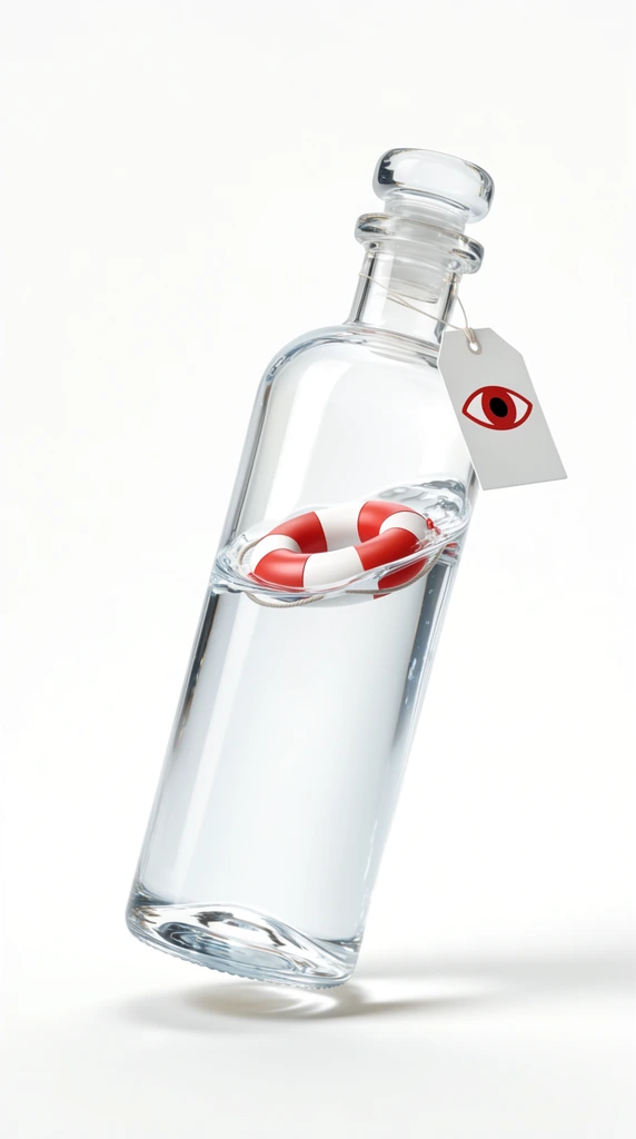 A slender, cylindrical clear glass bottle leans diagonally against a pure white studio background, casting a soft shadow beneath its hovering base. The bottle is partially filled with pristine, transparent liquid that gently ripples near the top. Floating on the undulating surface inside the glass is a miniature red and white striped life ring. The bottle is sealed with a smooth glass stopper, and a crisp white tag hangs from the neck on a delicate string, displaying a bold graphic of a single red eye. The composition is bright and minimalist, utilizing high-key product photography lighting to highlight crisp specular reflections, pristine liquid dynamics, and a hyper-realistic commercial aesthetic.
