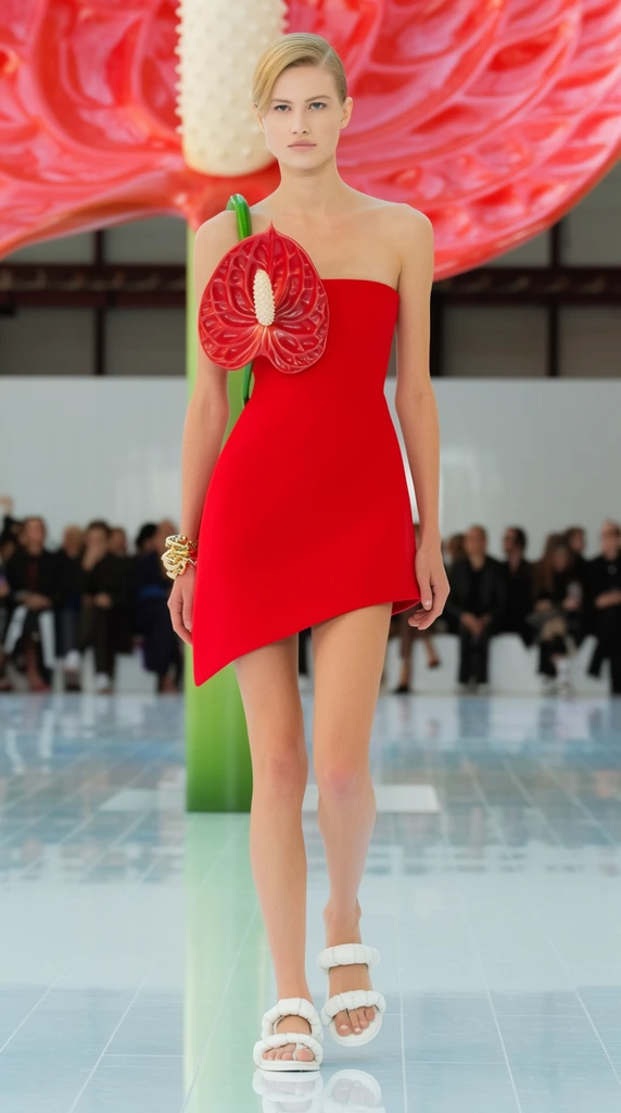 A runway model walks forward wearing a bright red asymmetrical mini dress featuring a striking, three-dimensional sculptural red anthurium flower that covers the right bust, using its green stem as a shoulder strap. She has sleek, side-parted blonde hair, a chunky gold bracelet, and puffed white strappy flat sandals. A massive, larger-than-life sculptural red anthurium flower with a thick green stem dominates the background. The brightly lit environment features a highly reflective, pale blue tiled floor capturing her reflection. Out-of-focus spectators sit on benches in the background. Photographed with a shallow depth of field and even, diffused lighting, the vibrant reds of the dress and background prop contrast sharply against the cool, pristine white and blue setting.