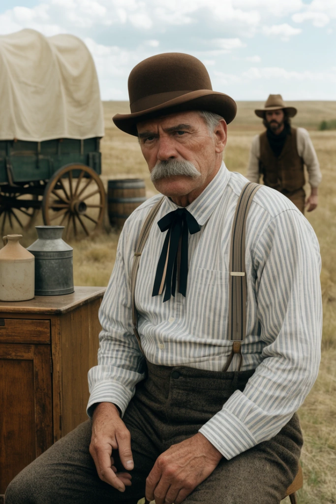 A weathered older man with a thick grey mustache stares stoically forward, wearing a brown bowler hat, striped shirt, suspenders, and a ribbon tie. He sits beside a wooden wagon cabinet holding a jug and tin pot. Behind him in a softly blurred dry grassy field, a second man in western gear approaches near a wagon and barrel. Cinematic widescreen photography with natural diffused daylight, an earthy palette, and shallow depth of field.