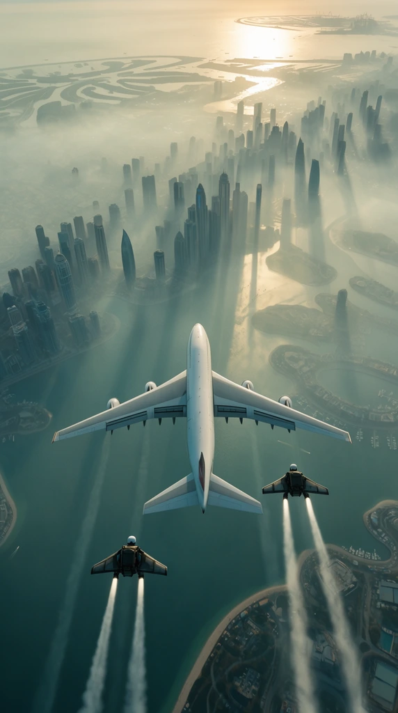 massive white four-engine passenger jet flying away, two figures in rigid delta-wing jetpacks flying alongside in tight formation, streaming vapor trails, sprawling coastal metropolis below, skyscrapers piercing dense hazy fog, sunlit waterways, artificial islands, wide aerial tracking shot, volumetric rays, muted teal and gold palette