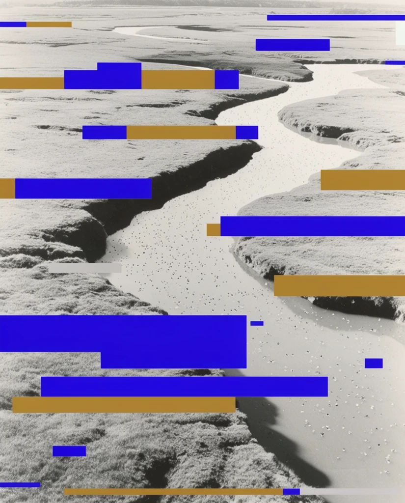 A winding river covered in scattered specks meandering between vast landmasses, possessing a high-key, desaturated vintage photographic aesthetic. Rigid, horizontal rectangular digital glitch blocks in vivid cobalt blue and flat ochre heavily overlay the landscape. These geometric blocks fragment the organic curves of the river and land, creating a stark digital corruption effect with sharply defined edges and solid color fills. Staggered colored rectangles float displaced across the pale, grainy monochrome environment. The underlying terrain features crisp, high-contrast lighting casting distinct, stark shadows across the land, emphasizing the rough organic textures beneath the sleek, striking data-bending interference.