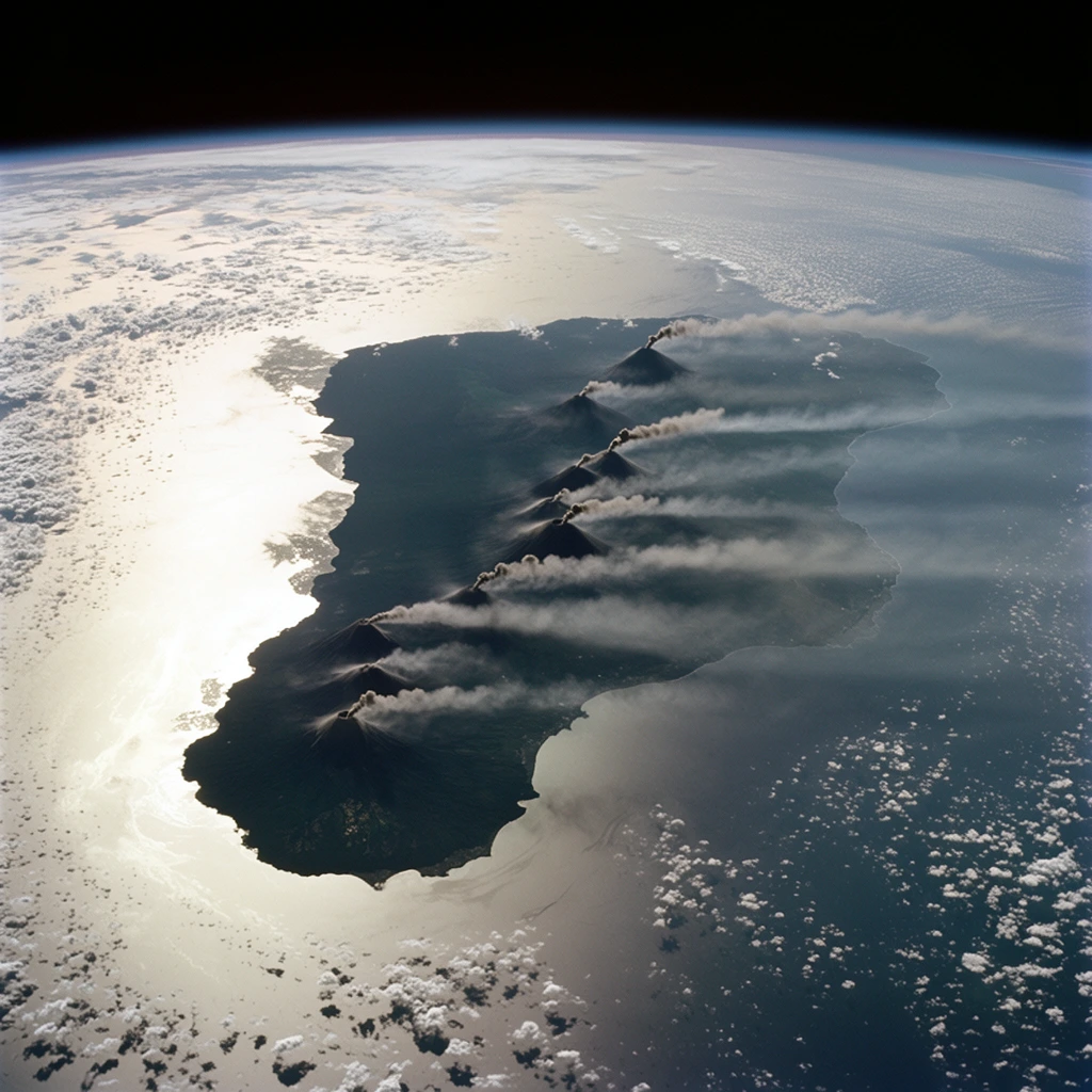 An orbital photograph of a dark island chain with multiple active volcanic peaks emitting uniform ash plumes trailing rightward. The central landmass is bordered by an ocean reflecting intense, silvery sun glint on the left side. Scattered white clouds dot the coastal waters and surrounding sea. The top edge of the frame reveals the thin, glowing blue curvature of the atmosphere abruptly fading into the deep black void of space.