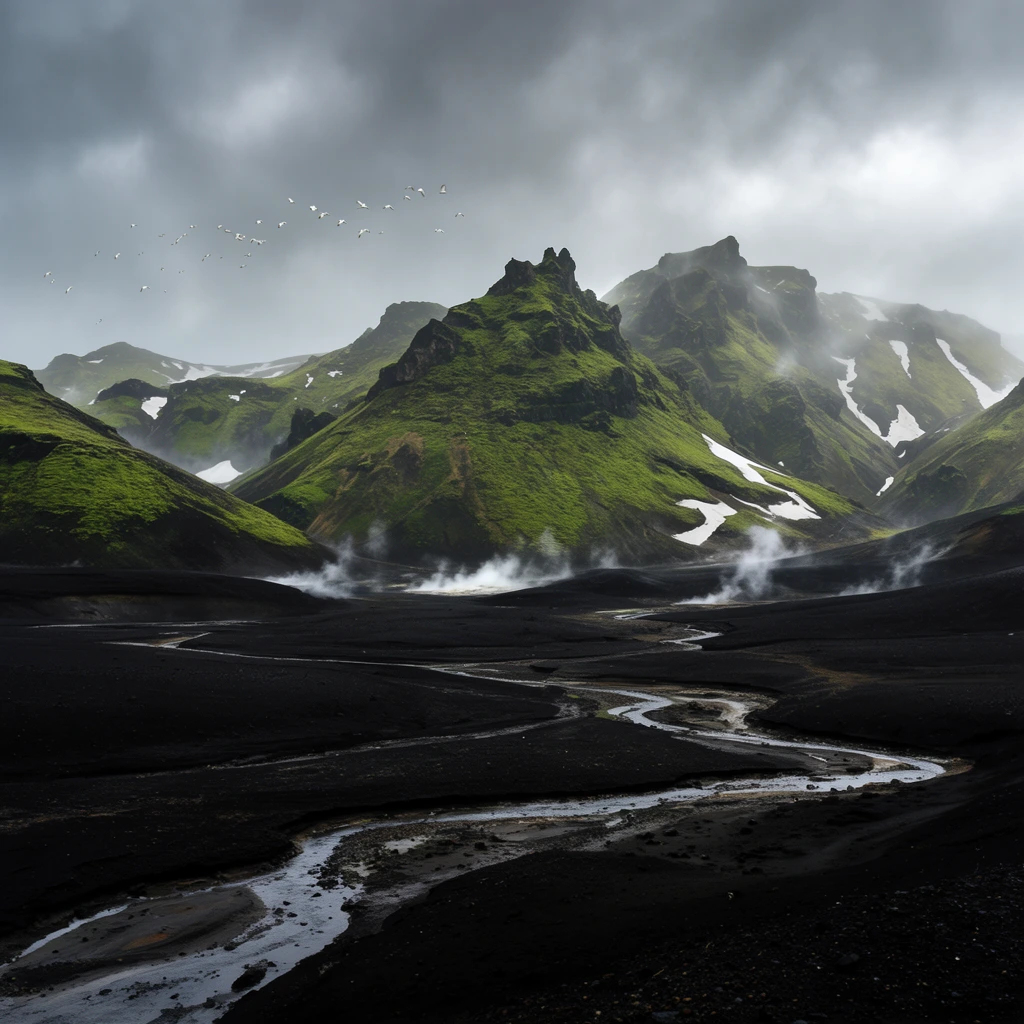 vast dark black volcanic soil landscape, winding shallow streams of reflective water cutting through the foreground terrain, towering jagged mountains covered in vibrant green moss, scattered patches of white snow on the slopes, small plumes of white geothermal steam rising from the ground, heavy overcast sky with dense grey clouds, a distant flock of white birds in flight, misty atmospheric haze around the peaks, cinematic wide-angle landscape photography, panoramic framing, moody natural lighting