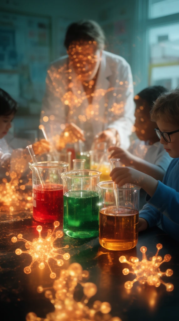 A cinematic double exposure portrays a science experiment heavily overlaid with glowing orange molecular light patterns. A blurred adult in a white lab coat and children interact with glass beakers holding vivid red, green, and amber liquids on a dark table. A child in a blue shirt and glasses is visible on the right. Bright, spark-like glowing structures float across the foreground. The image utilizes a shallow depth of field, contrasting cool cyan classroom shadows against the warm, luminous bokeh effects and sharp golden overlays.