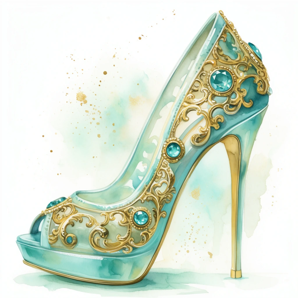ornate teal and gold high-heeled stiletto, peep-toe platform, intricate gold filigree, sheer cutout panels, embedded round teal gemstones, pearlescent aquamarine finish, watercolor fashion illustration, white background, pastel watercolor washes, gold paint splatters