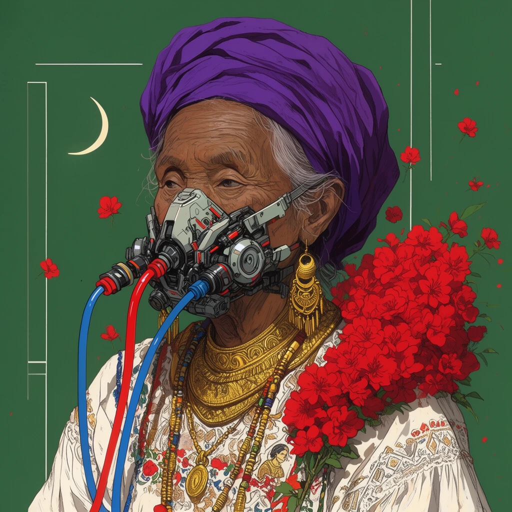 An illustrated portrait of an elderly person wearing a purple headwrap and a mechanical cyberpunk breathing mask with red and blue tubing. Adorned in ornate gold jewelry and a white embroidered top, a large red flower cluster rests on their shoulder. The flat green background features minimal white geometric lines, floating red blossoms, and a crescent moon, blending traditional attire with futuristic sci-fi aesthetics.