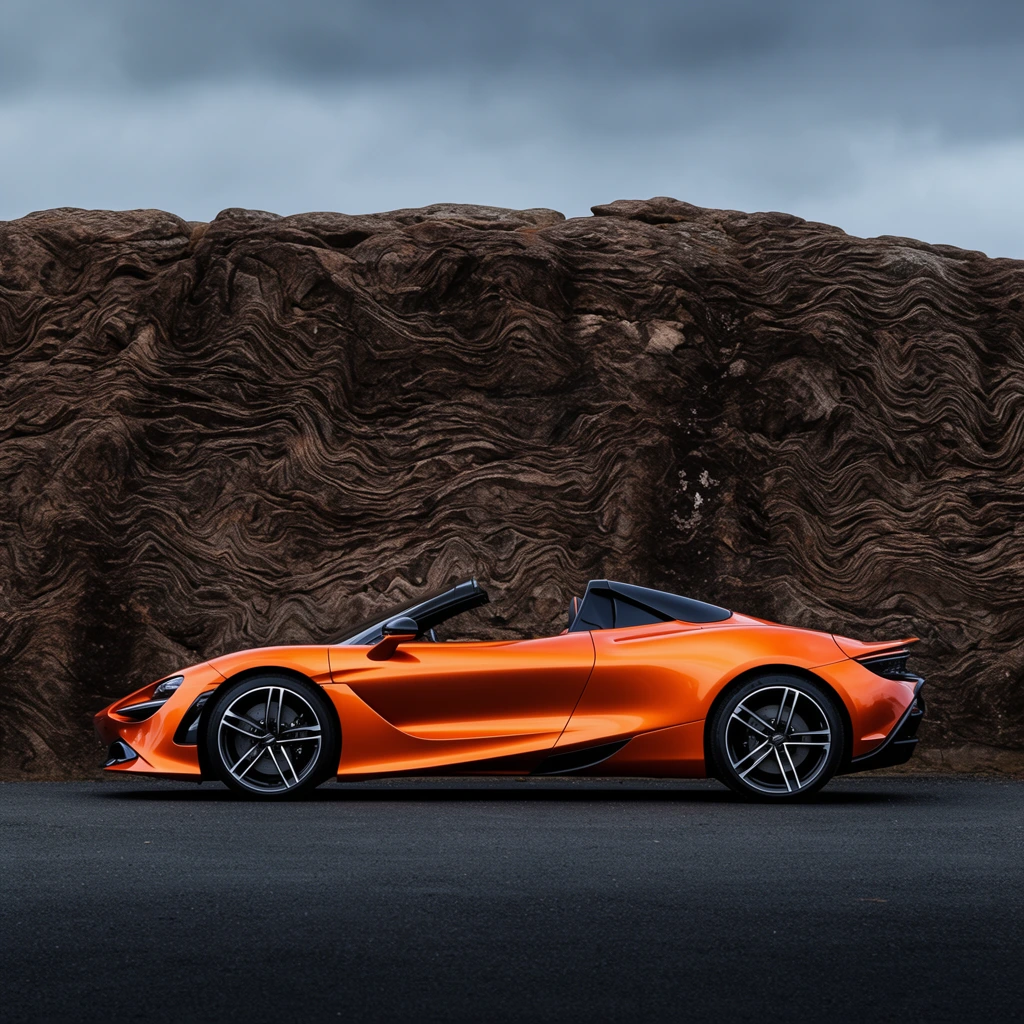 A sleek metallic orange convertible sports car rests on dark asphalt before a towering, intricately textured rock formation. The aerodynamic vehicle features sweeping curves, black accents, and multi-spoke alloy wheels beneath an open cabin. The massive backdrop displays dark brown, swirling, wave-like geological striations beneath a moody overcast sky. Captured in a strict side profile, the glossy, highly polished automotive curves contrast sharply with the rough, natural stone surface in soft, even lighting.
