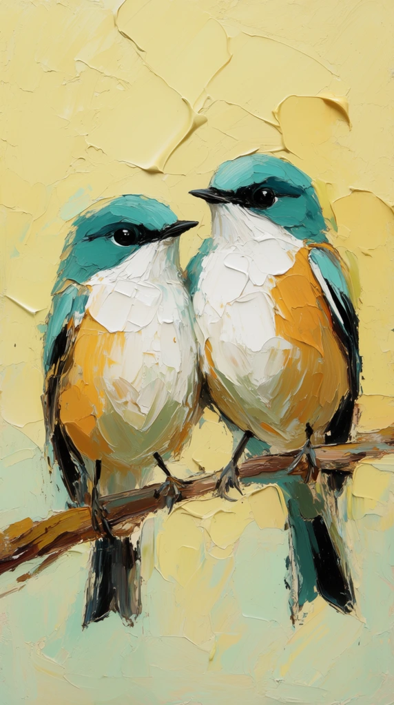 two birds on a branch, thick impasto painting, heavy palette knife strokes, pastel yellow background, teal heads, white and ochre bellies, expressive texture