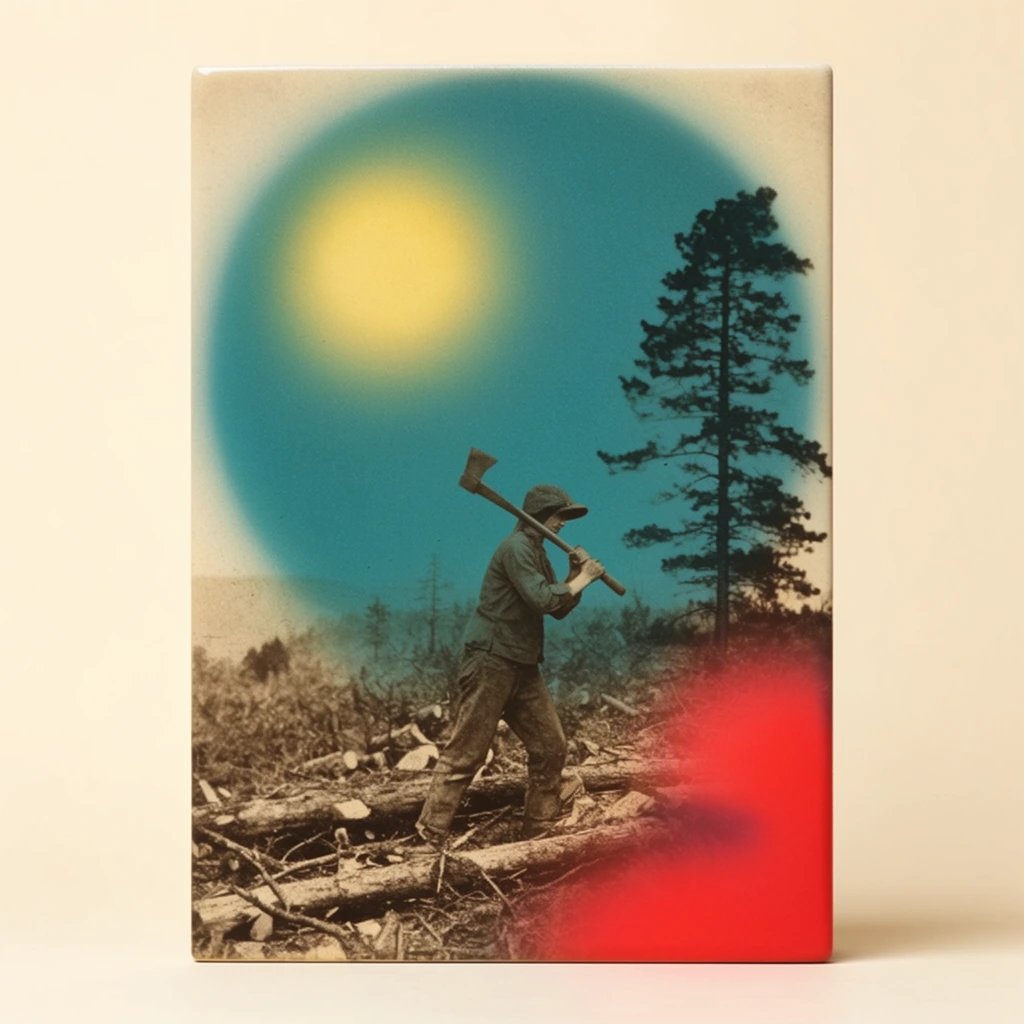 A vertically oriented rectangular object stands upright on a pale cream surface, displaying a mixed-media composition. The artwork features a vintage, sepia-toned scene of a worker swinging an axe over their shoulder amidst a rugged landscape of felled logs and brush, with a tall, dark silhouetted pine tree to the right. A large, soft-edged teal circular overlay dominates the upper half, framing a hazy, glowing yellow orb in its upper left quadrant. A vibrant, diffused red abstract blur bleeds into the bottom right corner. The piece blends historical roughhewn photography with modern atmospheric color blocking, presented in a clean studio environment with soft, balanced lighting and a subtle shadow cast beneath the base.