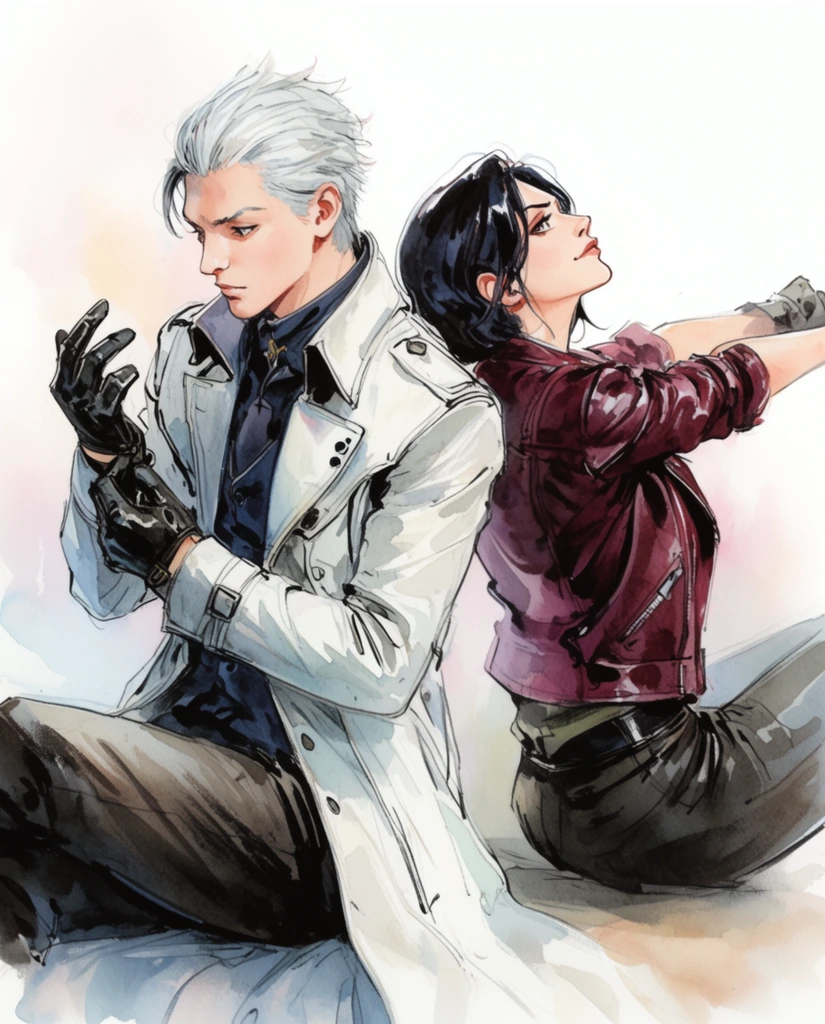 watercolor and ink illustration of two figures sitting back-to-back, silver-haired man in a tailored white trench coat adjusting a black leather gauntlet, dark-haired woman in a maroon leather jacket stretching arms backward while looking up confidently, expressive character art, loose sketchy linework, fluid brushstrokes fading into a minimalist white background, soft pastel shading