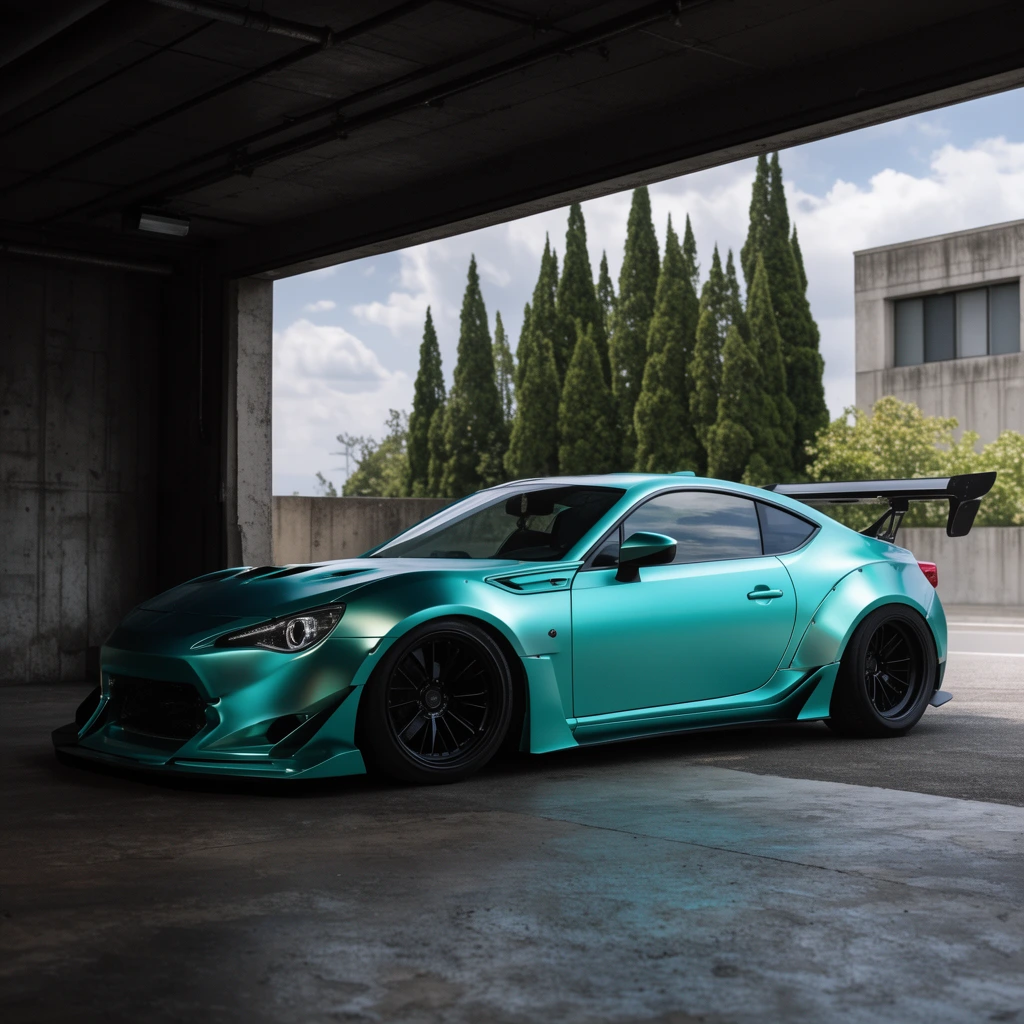 A custom metallic teal sports car parks inside a shadowed concrete garage. The modified coupe features wide fenders, black wheels, and a large rear wing. Beyond the garage edge, tall evergreen trees and a concrete building stand under a cloudy sky. Natural daylight illuminates the car's satin finish against the dark ceiling.