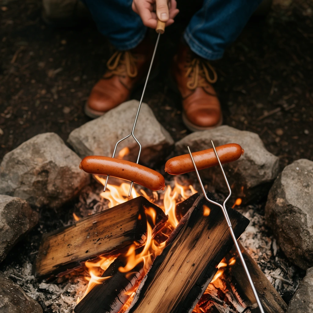 Top-down view of sausages roasting over a campfire, two plump sausages on v-shaped wire forks hovering above bright orange flames, burning split wooden logs, rugged grey rocks circling the fire, soft-focus background of a person wearing blue jeans and brown leather lace-up boots holding a skewer, dark earthy ground, shallow depth of field, warm firelight, rustic outdoor lifestyle photography, rich earthy color palette