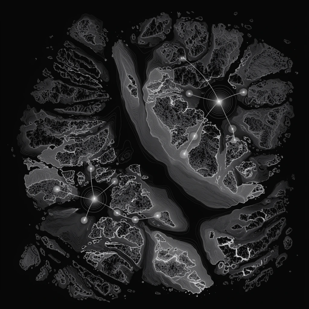 A monochromatic cartographic wireframe of a shattered archipelago against a pitch-black void. Intricate white contour lines map steep oceanic trenches and sweeping glacial shelves. Luminous concentric hubs connect via delicate curves across the fragmented islands, featuring dense stippling for high-elevation relief in a technical, high-contrast digital aesthetic.