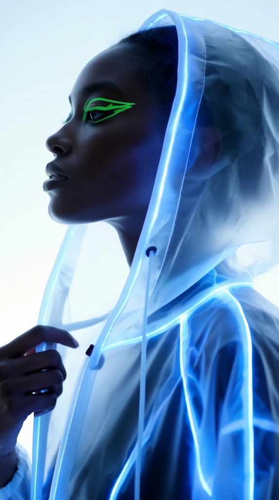portrait of a dark-skinned woman in profile, translucent hooded raincoat with glowing neon blue illuminated seams, striking neon green graphic eyeliner, hand gently gripping the coat edge, bright white background, futuristic high fashion photography, cyberpunk aesthetic, cool ethereal lighting, sleek high contrast