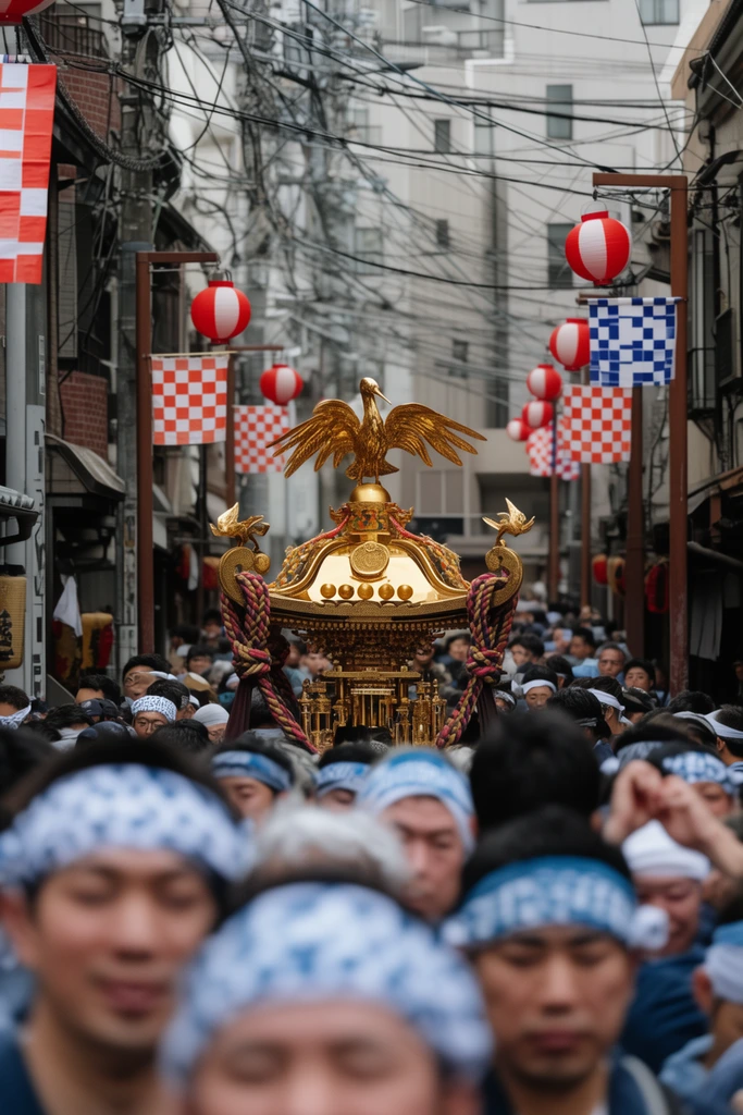 Ornate golden portable shrine topped with a sculpted bird, carried by a dense festival crowd, narrow urban street, blurred foreground participants in blue and white patterned headbands, tangled overhead power lines, multi-story buildings, hanging red paper lanterns, checkerboard banners, documentary street photography, telephoto lens, shallow depth of field, overcast daylight