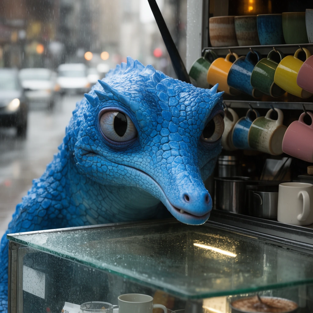 A bulky, bright blue scaled reptilian creature with a narrow snout and large compound eyes peers over a glass display case at an outdoor coffee cart. Rows of colorful ceramic mugs sit on a metal rack behind it. The background is a deeply blurred, rainy urban street with out-of-focus vehicles and muted lights.