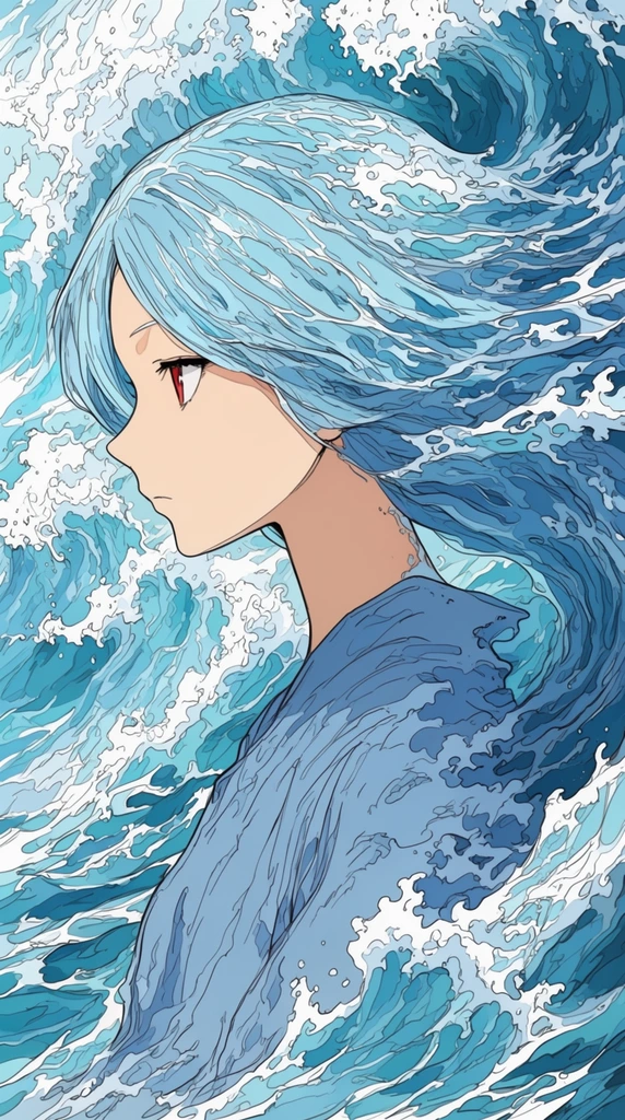 profile portrait of a young woman merging with stylized ocean waves, flowing light blue hair transforming seamlessly into swirling water crests, single red eye, loose blue garment dissolving into aquatic surroundings, dynamic crashing foam encompassing the entire frame, crisp continuous black line art, flat cell shading, cyan and white color palette, 2D digital anime illustration, surreal aquatic metamorphosis, fluid composition